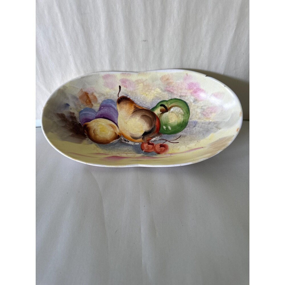 Vintage Hand Painted Fruit Dish | Mid Century Oval Ceramic Bowl | Cottagecore Ki